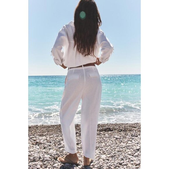 ZARA LINEN BELTED STRAIGHT-LEG TROUSERS - Picture 3 of 5